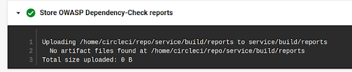 DependencyCheck report job expanded to show it couldn’t find the generated report